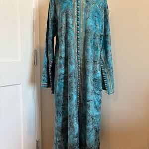Authentic Moroccan Hooded Caftan, Turquoise Blue, Embroidered Cuffs.